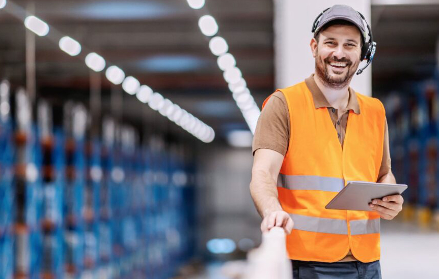 Smiling worker inside warehouse